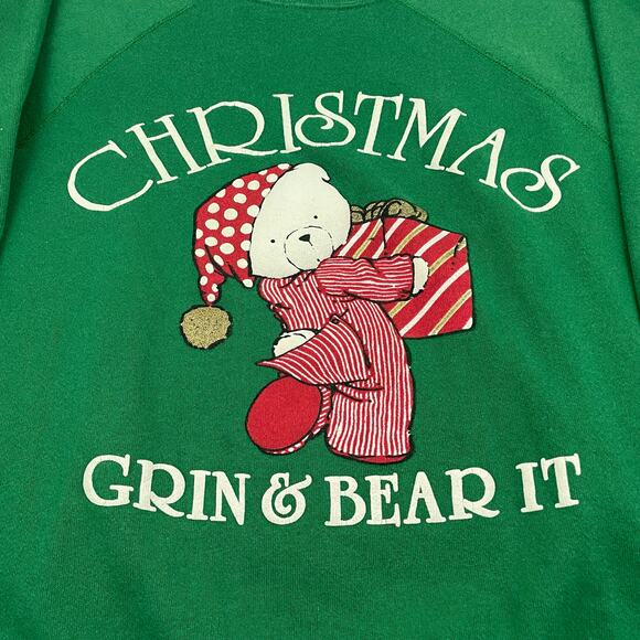 VTG 90s Ultra Sweats Green Christmas Teddy Bear Sweatshirt Size XL, Made in USA - Picture 2 of 7